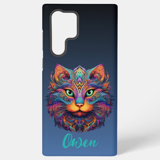 Kleurrijke Tribal Cat met aangepaste naam Samsung Galaxy Hoesje (Achterkant)