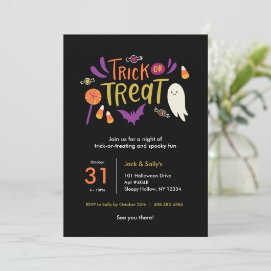 Kleurrijke Trick or treat Halloween Uitnodiging (Staand voorkant)