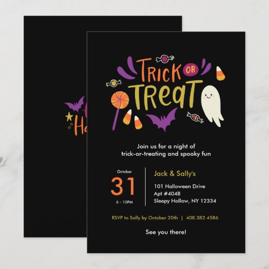 Kleurrijke Trick or treat Halloween Uitnodiging (Voorkant / Achterkant)