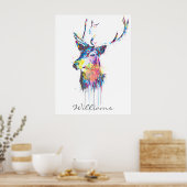 kleurrijke trillende waterverven splatters hert ko poster (Keuken)