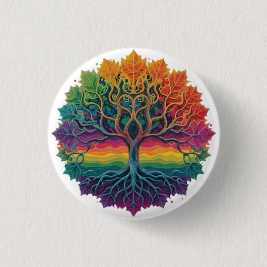Kleurrijke trippy regenboogboom ronde button 3,2 cm (Voorkant)