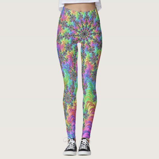Kleurrijke Trippy Vibrant Groovy Fractal Burst Leggings (Voorkant)