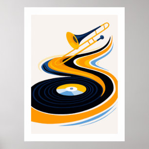 Kleurrijke trombone- en vinylplaat-kunst poster