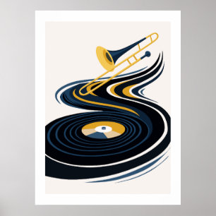 Kleurrijke trombone- en vinylplaatskunst poster