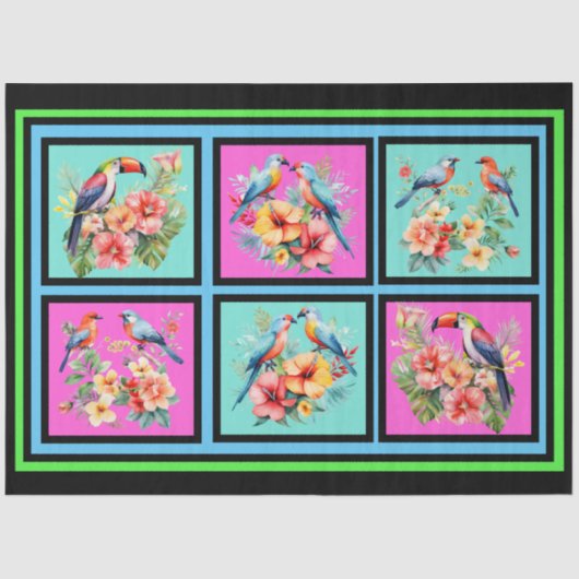 Kleurrijke Tropical Birds Tegel Patroon Decoupage Tissuepapier (Voorkant)