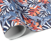 Kleurrijke tropische bladeren blauwe achtergrond cadeaupapier (Rol Hoek)