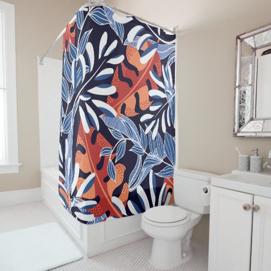 Kleurrijke tropische bladeren blauwe achtergrond douchegordijn (In situ)