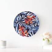 Kleurrijke tropische bladeren blauwe achtergrond grote klok (Huis)