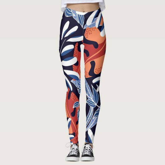 Kleurrijke tropische bladeren blauwe achtergrond leggings (Voorkant)