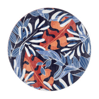 Kleurrijke tropische bladeren blauwe achtergrond snijplank