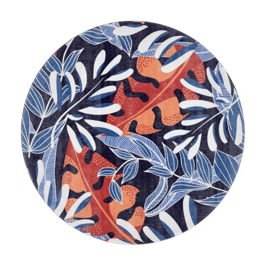 Kleurrijke tropische bladeren blauwe achtergrond snijplank (Voorkant)