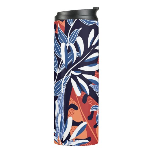 Kleurrijke tropische bladeren blauwe achtergrond thermosbeker (Gedraaid links)