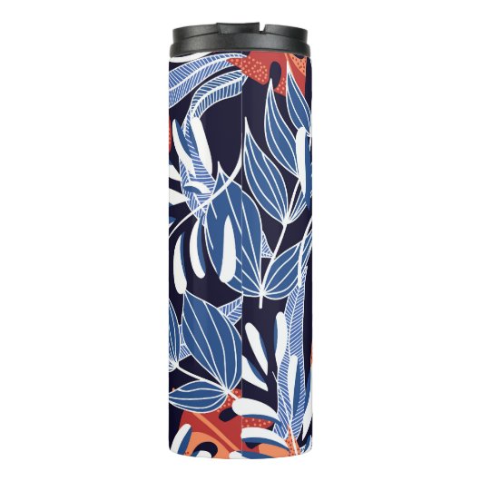Kleurrijke tropische bladeren blauwe achtergrond thermosbeker (Achterkant)