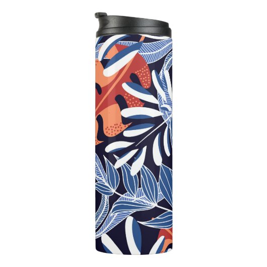 Kleurrijke tropische bladeren blauwe achtergrond thermosbeker (Geroteerd rechts)
