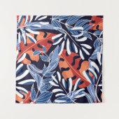 Kleurrijke tropische bladeren blauwe achtergrond wandkleed (Voorkant (horizontaal))