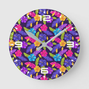 Kleurrijke tropische bladeren Bloemen Patroon-4545 Ronde Klok