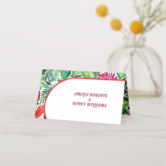 Kleurrijke tropische bladeren, boog maximalistisch plaatskaartje (Achterkant)
