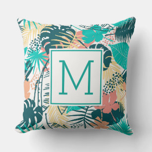 Kleurrijke tropische bladeren collage monogram kussen