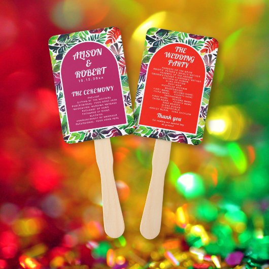 Kleurrijke tropische bladeren en boog bruiloft pro handwaaier