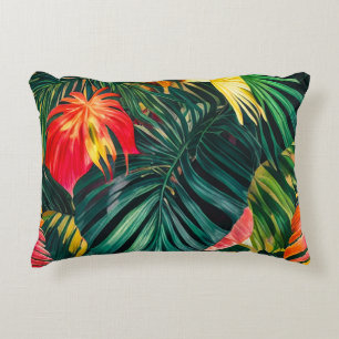Kleurrijke Tropische Bladeren en Hibiscus Bloemen Accent Kussen