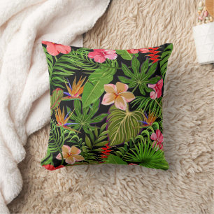 Kleurrijke Tropische Bladeren en Hibiscus Bloemen  Kussen