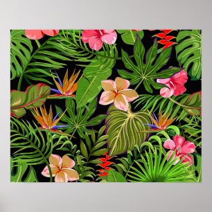 Kleurrijke Tropische Bladeren en Hibiscus Bloemen  Poster
