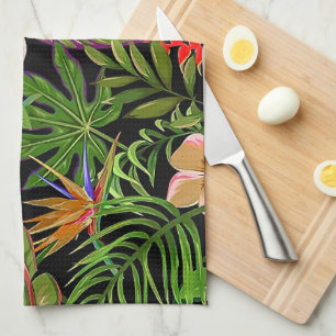 Kleurrijke Tropische Bladeren en Hibiscus Bloemen Theedoek