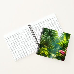 Kleurrijke tropische bladeren en hibiscusbloemen notitieboek