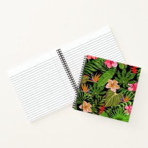 Kleurrijke tropische bladeren en hibiscusbloemen   notitieboek