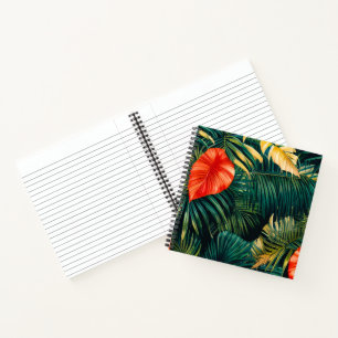Kleurrijke tropische bladeren en hibiscusbloemen notitieboek