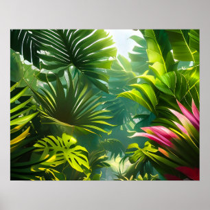 Kleurrijke tropische bladeren en hibiscusbloemen poster