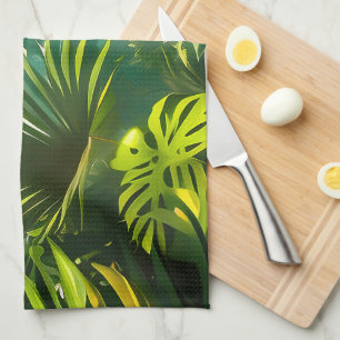 Kleurrijke tropische bladeren en hibiscusbloemen theedoek