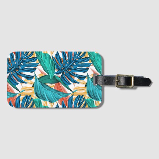 Kleurrijke tropische bladeren, exotisch patroonont bagagelabel (Voorkant (horizontaal))