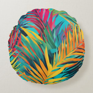 Kleurrijke tropische bladeren Palm Fronds Aqua Blu Rond Kussen
