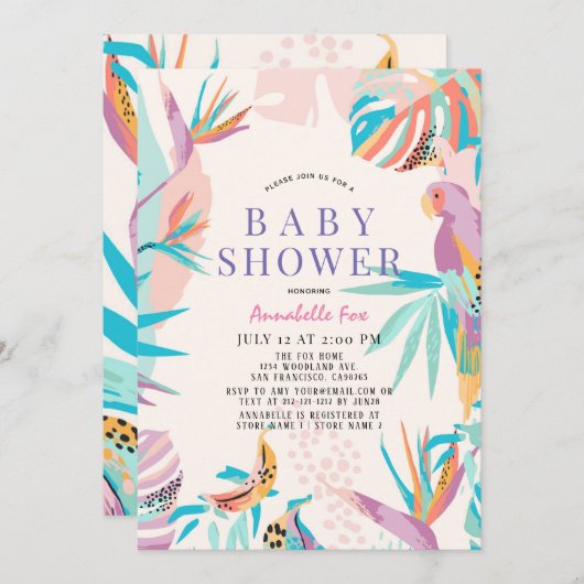 Kleurrijke Tropische bladeren Papegaai Baby Borrel Kaart (Voorkant / Achterkant)