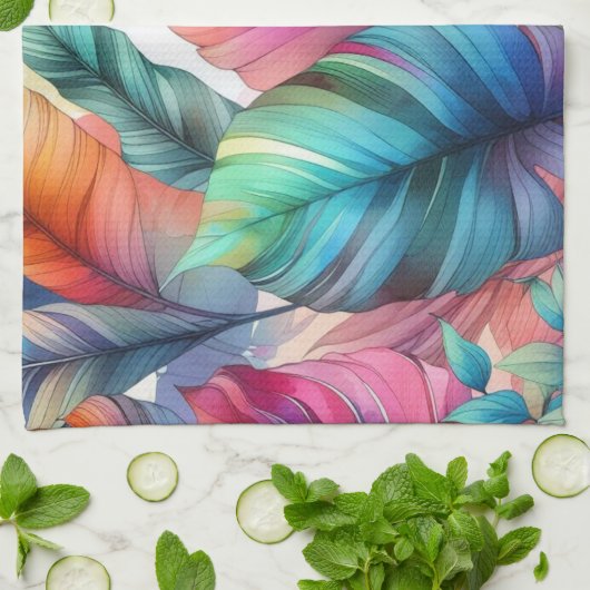 Kleurrijke Tropische Bladeren Waterverf Ontwerp Theedoek (Gevouwen)