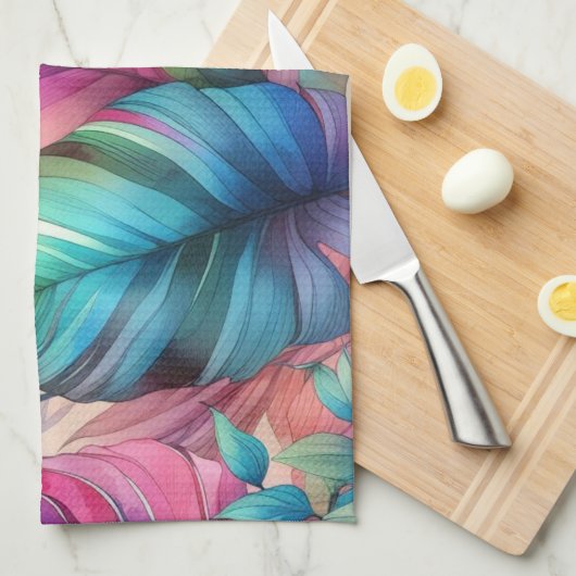 Kleurrijke Tropische Bladeren Waterverf Ontwerp Theedoek (Quarter Fold)