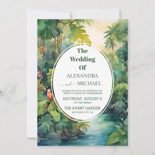 Kleurrijke Tropische Bloemen Casual Groene Bruilof Kaart (Voorkant)