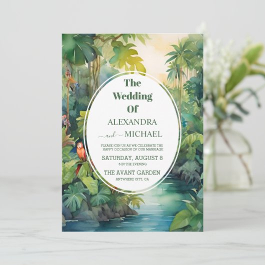 Kleurrijke Tropische Bloemen Casual Groene Bruilof Kaart (Staand voorkant)