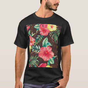 Kleurrijke tropische bloemen donkere achtergrond t-shirt
