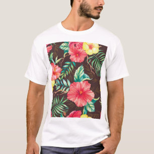 Kleurrijke tropische bloemen donkere achtergrond t-shirt