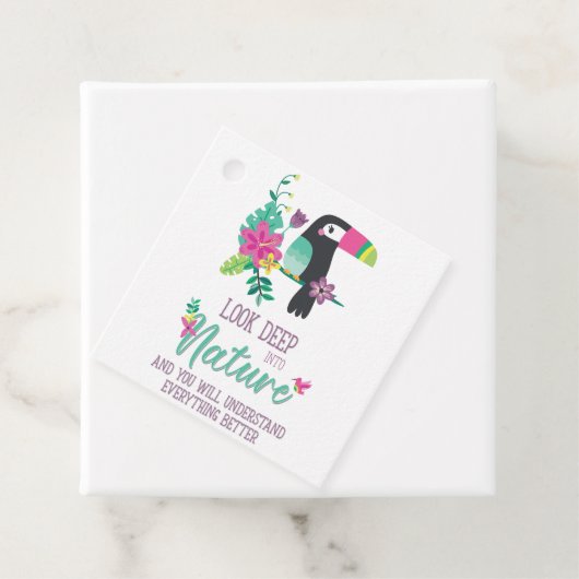 kleurrijke tropische bloemen en inspirerend toucan bedankjes labels (In situ)