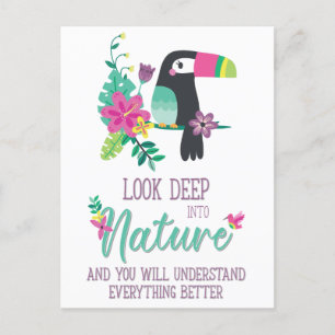 kleurrijke tropische bloemen en inspirerend toucan briefkaart