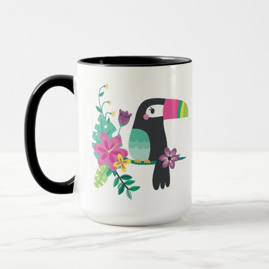 kleurrijke tropische bloemen en inspirerend toucan mok (Links)