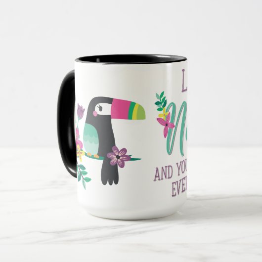 kleurrijke tropische bloemen en inspirerend toucan mok (Voorkant links)