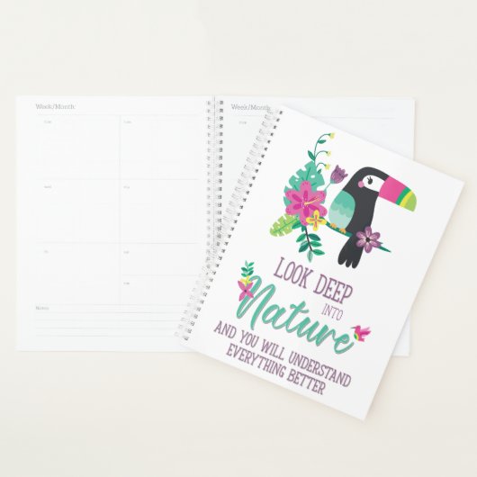 kleurrijke tropische bloemen en inspirerend toucan planner (Display)