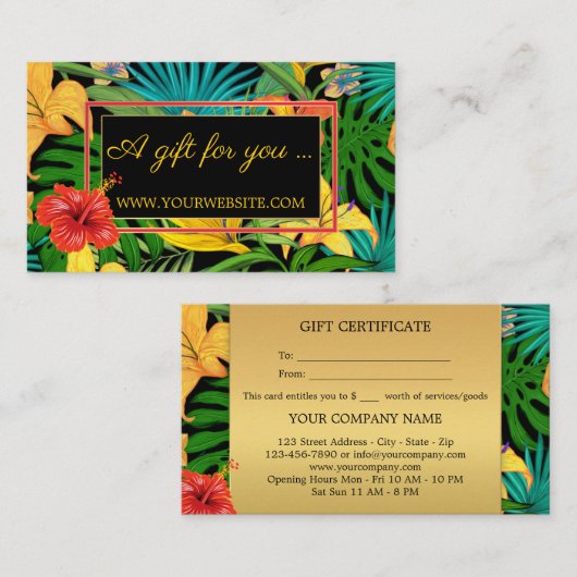 Kleurrijke Tropische Bloemen Gouden Cadeaubon Kortingskaartje (Voorkant / Achterkant)