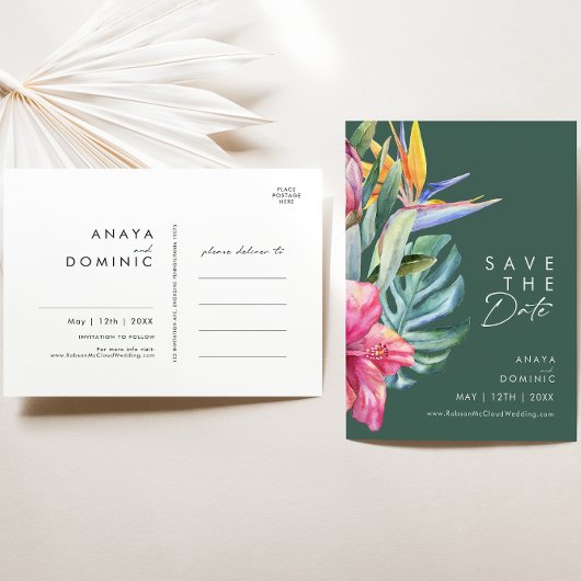 Kleurrijke Tropische Bloemen | Groen Save The Date Uitnodiging Briefkaart