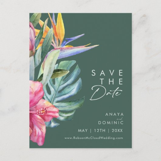 Kleurrijke Tropische Bloemen | Groen Save The Date Uitnodiging Briefkaart (Voorkant)