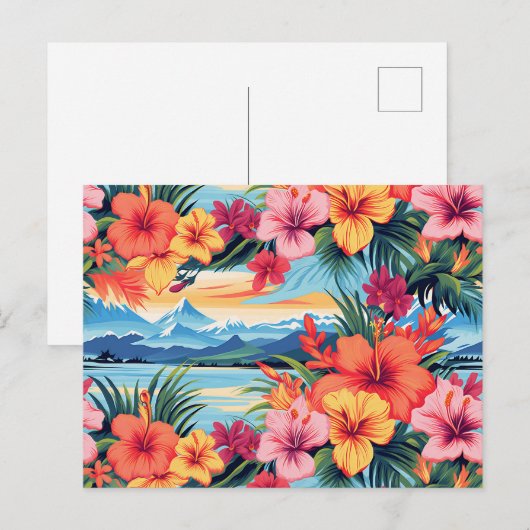 Kleurrijke tropische bloemen & landschap briefkaart (Voorkant / Achterkant)